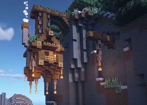 House In Cliff Minecraft, Hanging Cave House Minecraft, Minecraft Medieval Cliff House, Side Of Cliff House Minecraft, Minecraft Cliff Side Builds, Minecraft House On Mountain Side, Minecraft Building Ideas Mountain Side, Mountain Cliff House Minecraft, Minecraft Cliff Base Ideas