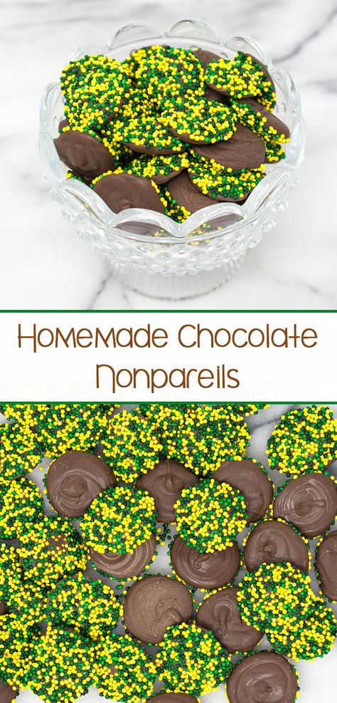 Homemade Chocolate Nonpareils – milk chocolate disks covered in your favorite colored nonpareils. Chocolate Nonpareils, Homemade Milk Chocolate, Homemade Milk, Chocolate Melting Wafers, Chocolate Bark, Homemade Candies, Superbowl Party, Chocolate Treats, Homemade Chocolate