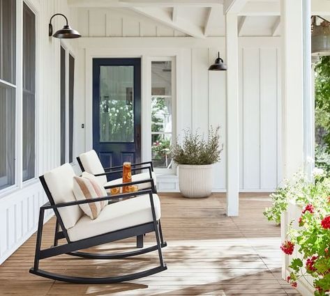 Outdoor Swivel & Motion Chairs | Pottery Barn Front Porch Chairs, Front Porch Rocking Chairs, Pottery Barn Outdoor, Metal Rocking Chair, Sofa Santai, Industrial Sofa, Wicker Lounge Chair, Outdoor Rocking Chair, Rocking Chair Porch