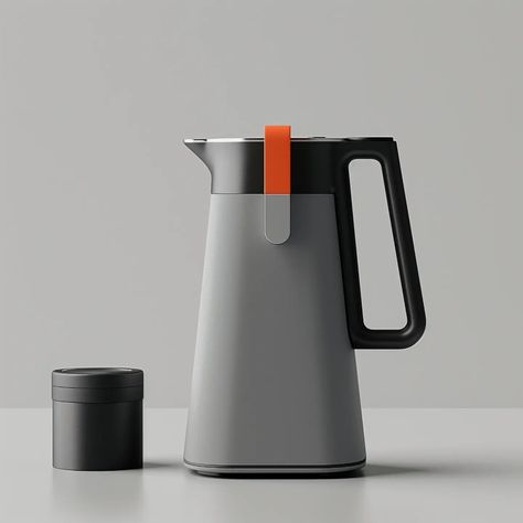 Kettle Concepts A modern kettle with a retro twist. Sleek lines, matte black and gray hues, and vibrant orange accents redefine your… | Instagram Modern Kettles, Minimalism Kitchen, Pigeon Nest, Kitchenware Design, Cmf Design, Industrial Design Trends, Kitchen Aesthetic, Steaming Cup, Modern Appliances