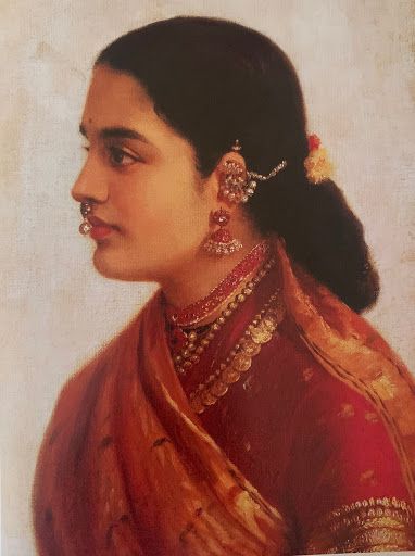 A portrait of a Tamil women, bedecked in traditional jewellery and sari. Ravivarma Paintings, Ravi Varma, Raja Ravi Varma, Indian Women Painting, South Asian Art, Vintage India, Indian Painting, Tanjore Painting, Indian Folk Art