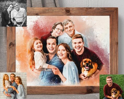 Family Portrait Drawing Ideas, Family Photo Gift Ideas, Paintings For Anniversary, Family Portraits Painting, Watercolor Family Portrait, Family Potrait, Watercolor Family, Pets Photos, Anniversary Presents