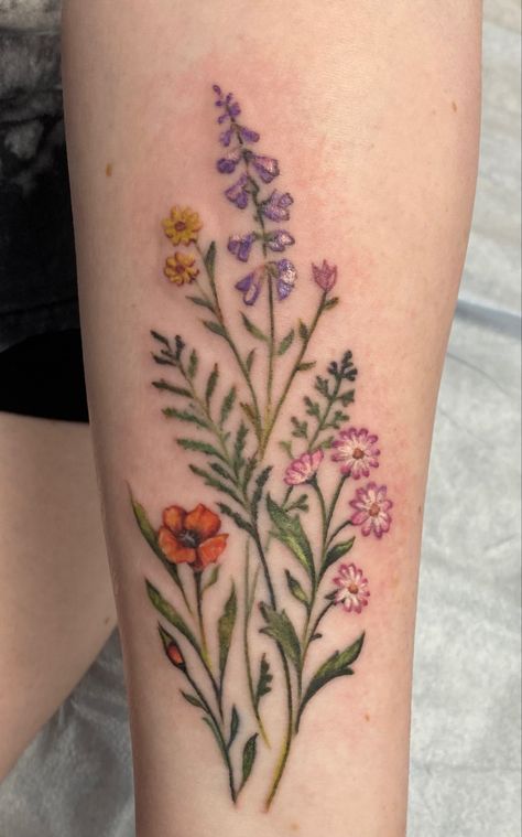 Ankle Tattoo Colorful, Wild Basil Paint Color, Wild Flower Hip Tattoo, Wildflower Foot Tattoo, California Wildflowers Tattoo, Colored Flower Tattoos, Wild Flowers Tattoo, Fertility Tattoo, Daschund Tattoo