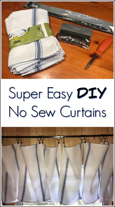 Super easy no sew curtains project. DIY window treatments with a few simple steps for adorable dishtowel curtains. Diy No Sew Curtains, Rv Curtains, Camper Curtains, Camper Windows, Sew Curtains, Diy Window Treatments, Diy Camper Remodel, No Sew Curtains, Camper Makeover