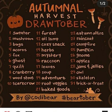 Drawing List, 30 Day Art Challenge, Art Journal Challenge, 30 Day Drawing Challenge, Journal Challenge, Drawing Ideas List, Creative Drawing Prompts, Drawing Prompt, Autumn Harvest