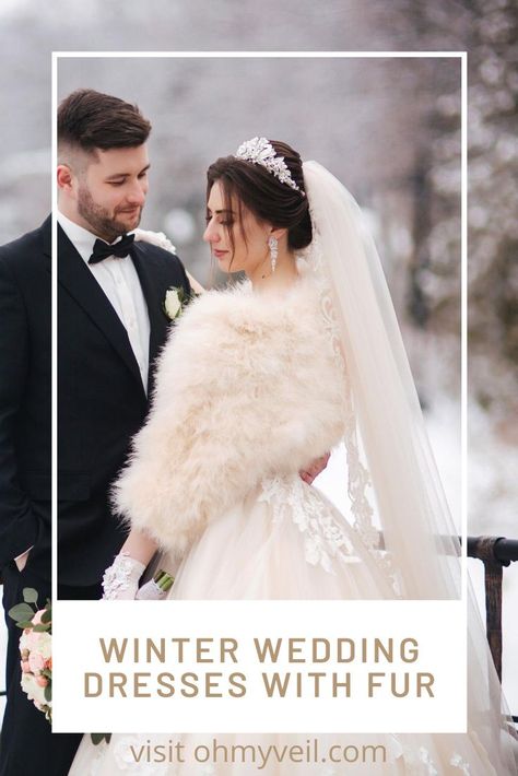 Add a touch of class to your winter wedding dress with fur. Yes, fur! It's an elegant look and one that is so appropriate for winter. Learn more by reading the post. #winterweddings #weddingdresses #weddingplanning #ohmyveilblog Winter Wedding Dress With Fur, Wedding Dress With Fur, Winter Wedding Dress Fur, Fur Wedding Dress, Dress With Fur, Boat Neck Wedding Dress, Winter Wedding Dresses, Winter Gowns, Winter Wedding Gowns