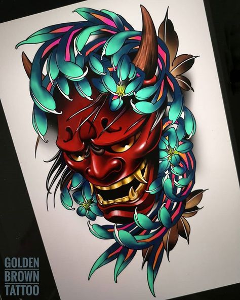 Mascara Hannya, Japanese Mask Tattoo, Brown Tattoo, Tato Flash, Oni Tattoo, Hannya Mask Tattoo, Browning Tattoo, Chrysanthemum Tattoo, Mom Tattoo Designs