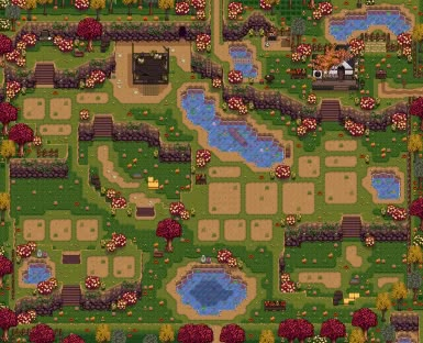 No debris (fall) Stardew Mods, Stardew Farms, Stardew Valley Mods, Stardew Valley Ideas, Stardew Valley Farm, Stardew Valley Layout, Stardew Valley Tips, Stardew Valley Farms, Pixel Art Landscape