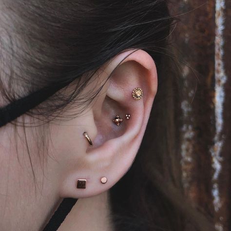 Flat And Conch Piercings, Upper Conch Piercing, Double Conch, Double Flat Piercing, Double Conch Piercing, Bvla Jewelry, Flat Piercing, Rose Gold Flats, Cool Ear Piercings