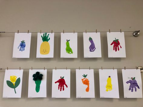 Handprint and footprint fruit and vegetables Fruit And Vegetable Art Preschool, Veggie Preschool Craft, Handprint Fruits And Vegetables, Fruit And Veggie Art Preschool, Fruits And Vegetables Arts And Crafts, Vegetable Footprint Art, Kindergarten Fruits And Vegetables, Vegetable Handprint Crafts, Garden Handprint Art