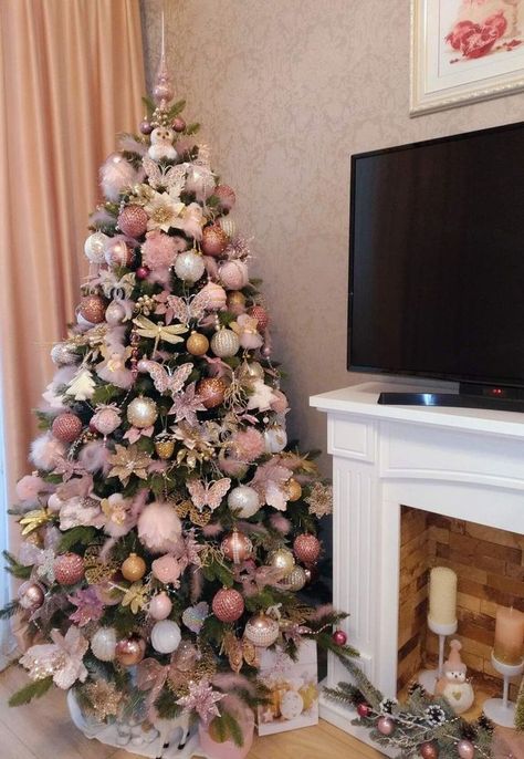 Christmas Tree Roses, Pink Xmas Tree, Christmas Tree Idea, Ideas Decoracion Navidad, Pink Christmas Tree Decorations, Best Christmas Tree Decorations, Christmas Tree Decoration Ideas, Rose Gold Christmas Tree, Rose Gold Christmas Decorations