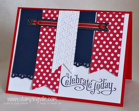 stampin up 4th of July cards | gearing up for the 4th of july this fun and festive card will get ... Independence Day Card, Military Cards, Blue Card, Happy Fourth Of July, Summer Cards, Happy 4th Of July, Card Sketches, Card Layout, Card Tags