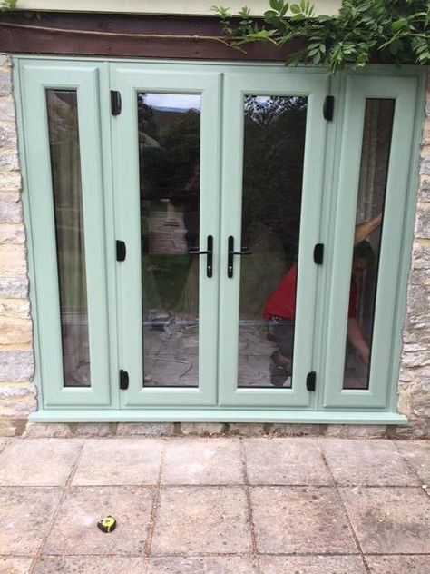 Chartwell Green French Doors and Fixed Window | Bill Butters Windows Ltd, Sherborne, Dorset, DT9 3PS Sage French Doors, Chartwell Green Windows, French Doors Living Room, Creative Window Treatments, Fixed Window, Green Doors, Conservatory Extension, Upvc French Doors, Door Colour