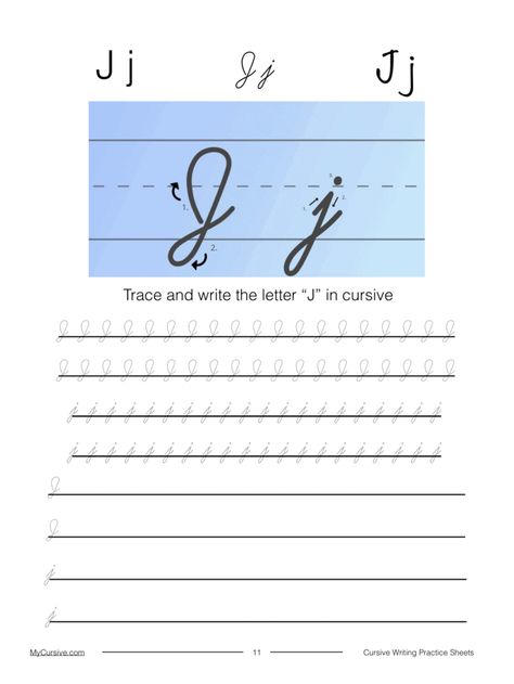 Cursive Capital J, J In Cursive, Letter J In Cursive, J Worksheet, How To Write Cursive, Write Cursive, Cursive J, Cursive Writing Practice Sheets, Cursive Words