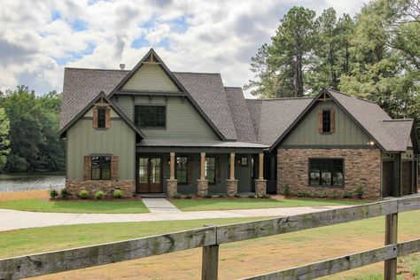 Exteriors – J Wright Building Company | J Wright Building Company Green House Exterior, Indian Lake, House Green, Green Exterior, Rustic Exterior, Trim Colors, Cabin Exterior, Exterior Paint Colors For House, Modern Farmhouse Exterior