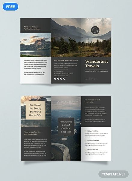 Create a scenic tri-fold brochure for travel agencies with this free template. Use easy to edit layouts, including beautiful photos and high-quality graphic files. Easy to edit with Photoshop and Illustrator. Layout Editoriale, Poster Company, Travel Brochure Design, Brochure Templates Free Download, Brochure Design Layouts, Brochure Examples, Brochure Graphic, Brochure Design Creative, Brochure Design Layout