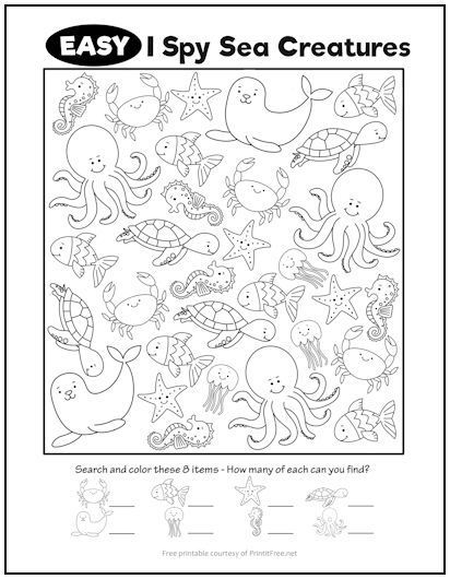 This easy level “I Spy” ocean-themed picture activity for younger kids features turtles, seals, seahorses, and more. Have your child count each item and record the count below the picture, coloring each item as he counts. Not only are these “I Spy” activities fun, they’re educational! Sea Creatures Kindergarten Activities, Sea Animal Activities For Kindergarten, Sea Life Worksheets Preschool, I Spy Activities For Preschool, Under The Sea Activity For Kids, Sea Creature Preschool Activities, I Spy Ocean Animals, Sea Animal Worksheets Preschool, Under The Sea Free Printables