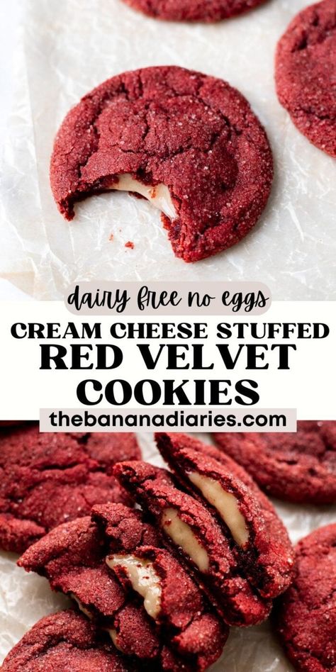 Stuffed Red Velvet Cookies, Egg Cream Cheese, Vegan Christmas Cookies Recipes, Vegan Holiday Desserts, Vegan Red Velvet, Banana Diaries, Gluten Free Vegan Recipes Desserts, Vegan Dessert Bars, Egg Cream