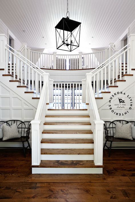 Double Sided Staircase - Cottage ... Foyer Staircase, Hamptons Decor, Casas Coloniales, Coastal Living Rooms, Beach Cottage Style, Style Deco, Coastal Interiors, Grand Staircase, Cool Ideas