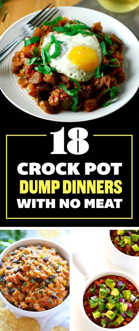 Dinners With No Meat, Dump Crockpot, Meat Crockpot, Crock Pot Dump, Vegetarian Slow Cooker Recipes, Vegetarian Crockpot Recipes, Dump Dinners, No Meat, Slow Cooker Vegetarian