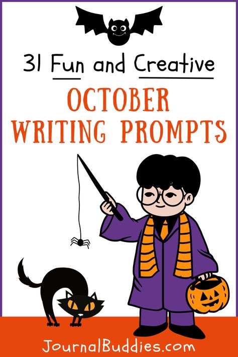 Unleash the creativity this fall with 📚✨ 31 Fun October Writing Prompts! Perfect for kids and students, these journal ideas and daily prompts will keep the imagination flowing all month long 🍁🎃. Get ready for stories full of spooks, giggles, and autumn adventures 👻. Let's start writing! #OctoberWritingIdeas #OctoberJournalPrompts #JournalBuddies October Journal Prompts, Fall Journal Prompts, Fall Writing Prompts, Fall Creative Writing Prompts, Kids Journal Prompts, Fall Writing Prompts For Kids, Fall Writing Prompts 2nd Grade, November Writing Prompts 2nd Grade, Fall Writing Prompts First Grade