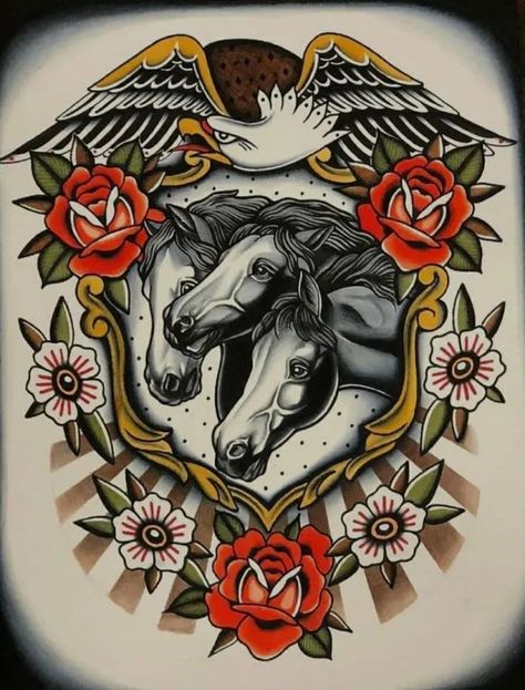 Tattoo For 5, Traditional Tattoo Horse, American Traditional Back Piece, Old School Style Tattoo, Traditional Tattoo Painting, Traditional Back Tattoo, Traditional Heart Tattoos, Abstract Tattoo Ideas, Half Sleeve Tattoos Forearm