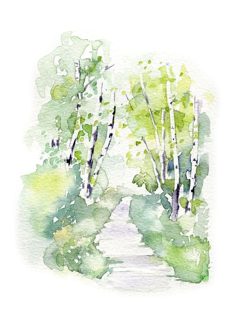 Watercolour Birch Trees, Birch Tree Watercolor Painting, Birch Watercolor, Path Watercolor, Birch Tree Watercolor, Watercolor Birch Trees, Path Drawing, March Journal, Forest Watercolor Painting