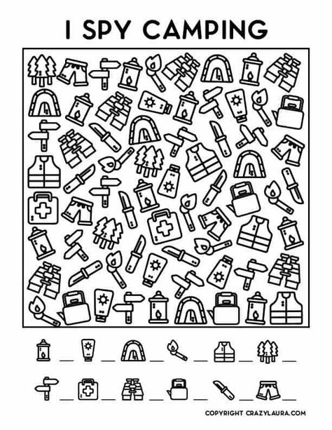 Camping Dramatic Play, I Spy Printable, Hidden Picture Puzzles, Crazy Laura, Camping Coloring Pages, Printable Games For Kids, I Spy Games, Spy Games, Learning Games For Kids