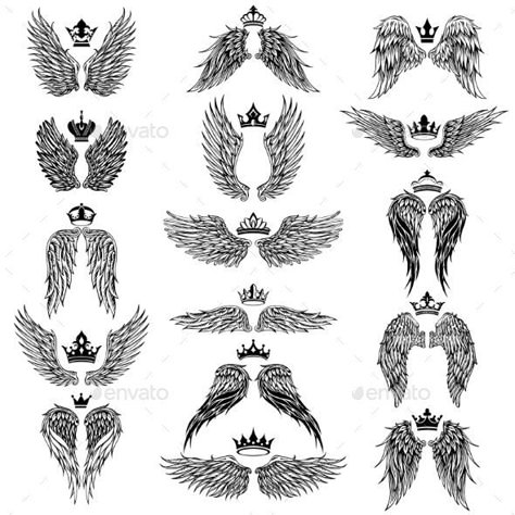 Wings with Crowns Vector Silhouettes #Crowns, #Wings, #Silhouettes, #Vector Big Wing Tattoo On Back, Angel With Wings Tattoo, Eagle Wing Tattoos, Tato Maori, Tato Flash, Wing Tattoo Men, Crown Silhouette, Crown Tattoo Design, Wing Tattoo Designs