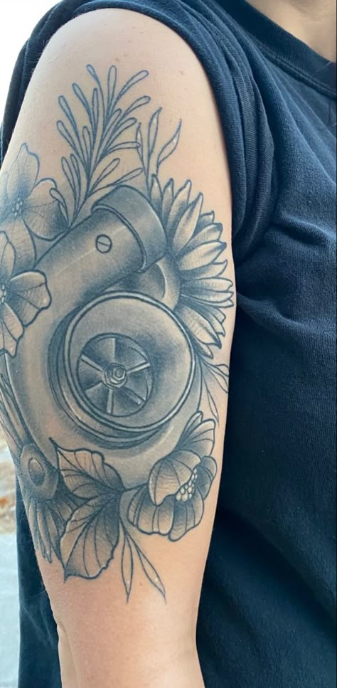 Girl turbo tattoo flowers Car And Flower Tattoo, Car Parts Tattoo, Feminine Mechanic Tattoo, Mechanic Tattoo Ideas For Women, Female Mechanic Tattoo, Car Inspired Tattoos, Racing Tattoos For Women, Turbo Tattoo Sleeve, Turbo Tattoo Design