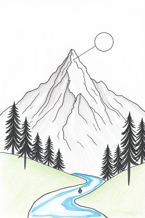 Check Out This Cute Mountain Drawing & 12+ Other Mountain Drawing Ideas! #drawing #drawinginspiration How To Draw A Mountain Range, Mountain Drawing Simple Colour, Mountain Simple Drawing, Drawing Ideas Nature Easy, Mountain Range Drawing Simple, Cute Mountain Drawing, How To Draw A Mountain, Mountain Art For Kids, Mountains Drawing Simple