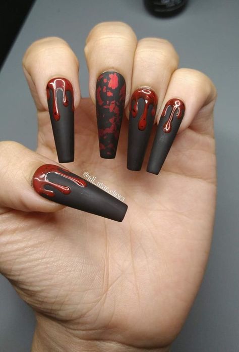 Black And Red Drip Nails, Black Blood Nails, Tvd Nails, Red And Black Nail Art, Halloween Nails Red, Blood Drip Nails, Red And Black Nail, Red Black Nails, Blood Nails