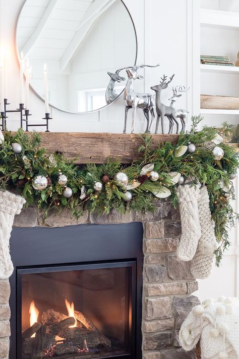 Silver Reindeer Christmas rustic fireplace mantel Diy Christmas Fireplace, Lilypad Cottage, Diy Christmas Decorations For Home, Fireplace Christmas, Cottage Decorating, Silver Christmas Decorations, Christmas Mantle Decor, Classic Cottage, Christmas Fireplace Decor