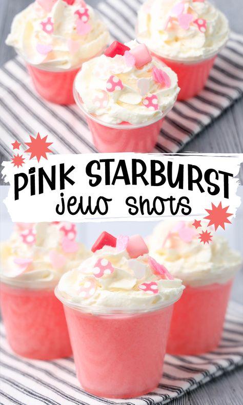 Pink Starburst Jello Shots Recipe - easy food - Love and Marriage Starburst Jello Shots Recipe, Pink Starburst Jello Shots, Jello Dessert Cups, Starburst Jello Shots, Starburst Recipe, Wine Jello Shots, Malibu Jello Shots, Rum Jello Shots, Strawberry Jello Shots