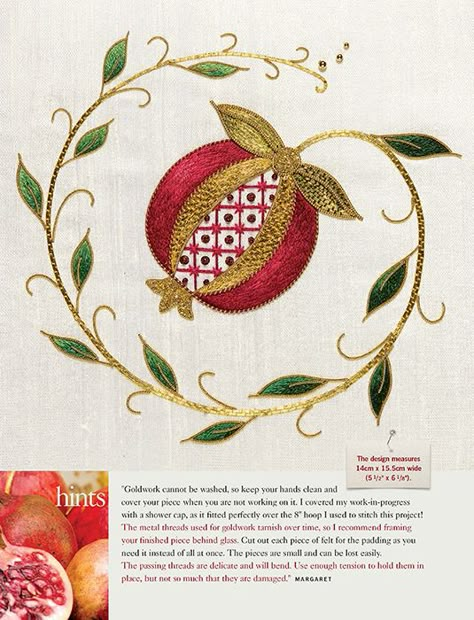 The Golden Pomegranate - Inspirations Studios Bordado Jacobean, Jacobean Embroidery, Pomegranate Art, Crewel Embroidery Patterns, Goldwork Embroidery, Gold Work Embroidery, Embroidery Motifs, Crewel Embroidery, Gold Work