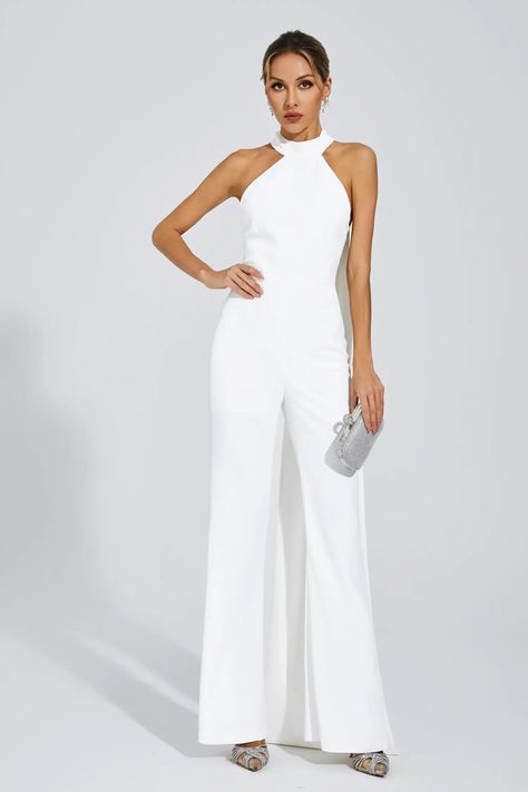 Cornelius White Halter Backless Jumpsuit Hosting Events, Glitter Wedding Dress, Halter Neck Jumpsuit, White Clothes, Bandage Midi Dress, Backless Jumpsuit, Designer Jumpsuits, Courthouse Wedding, Floral Shirt Dress