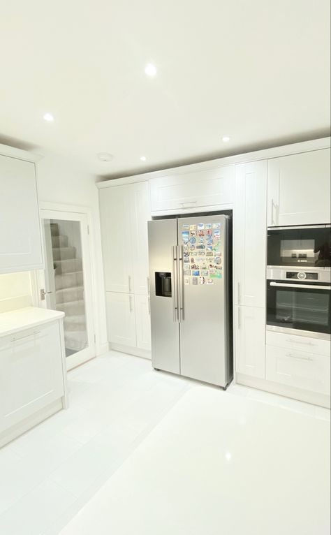 Grey and white kitchen from Wren with centre american style fridge Grey And White Kitchen, Gray And White Kitchen, Kitchen Cupboard, Grey Kitchens, Kitchen Cupboards, Home N Decor, Wren, White Kitchen, American Style