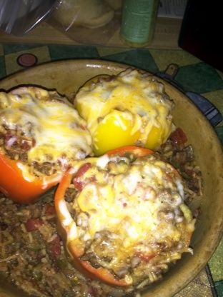 Rice-A-Roni Stuffed Peppers Recipe - Food.com Beef Stuffed Peppers, Stuffed Peppers Beef, Stuffed Peppers With Rice, Chorizo And Potato, Rice A Roni, Stuffed Peppers Recipe, Lean And Green Meals, Bbq Beef, Beef And Rice