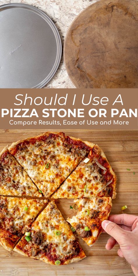 If you've been wondering, ""Is a pizza stone worth it? Can I make great pizza with a baking sheet? Is it difficult to make pizza with a stone?"", then you've come to the right place! Read on to learn the key differences between using a pizza stone and pan in order to make the right decision for your homemade pizza night. Pizza On Pizza Stone In Oven, Homemade Pizza On Pizza Stone, Pizza Stone How To Use A, Pizza On A Pizza Stone, Pilsbury Pizza Dough, Fresh Dough Pizza, Pizza Stone Recipes, Boboli Pizza, Cooking Homemade Pizza