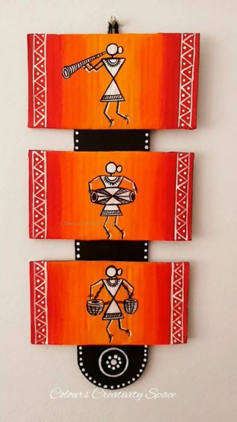 Colours Creativity Space on Instagram: “❤🧡Warli Love 🧡❤ Hope you like this quick DIY ❤🧡Like,Share SAVE 👍❤🧡 🧡🧡Follow @colours_creativity_space for more ❤❤Material : Popsicles…” Paper Plate Decorations Wall Decor, Easy Painting For Home Decor, Easy Wall Craft Ideas, Craft Paper Wall Hanging, Warli Painting Designs, Drawing For Wall Hanging, Drawing For Home Decor, Welcome Ideas Decoration At Home, Paintings On Cardboard