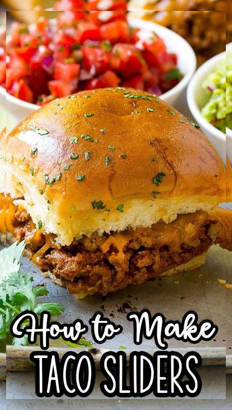 hese taco sliders are sandwiches stuffed with taco meat and cheese, then brushed with garlic butter and baked to perfection. Hawaiian Roll Turkey Sliders, Taco Sliders, Sliders Recipes Hawaiian Rolls, Mexican Sandwich, Mexican Food Recipes Appetizers, Taco Burger, Rolled Sandwiches, Slider Sandwiches, Grilled Taco