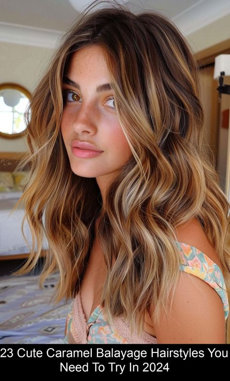 Get ready to fall in love with the hottest hair color trend of 2024: caramel balayage. This stunning technique seamlessly blends warm, rich caramel tones with your natural hair color, creating a look that’s both #balayage #hair Fall Blonde To Brunette, Caramel Balayage Curtain Bangs, Subtle Honey Balayage, Hair Color Ideas For Brunettes Caramel, Caramel Hair With Bangs, Warm Bronde Balayage Dark Roots, Dark Roots Honey Blonde Hair, Warm Blond Balayage, Carmel Balayage Brunettes