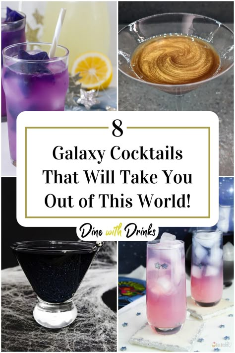 Collage of 4 galaxy cocktails. Unique Cocktail Recipes, Eclipse Party, Fruit Juice Recipes, Drink Names, Cocktail Names, Batch Cocktails, Space Explorer, Birthday Drinks, Specialty Cocktail