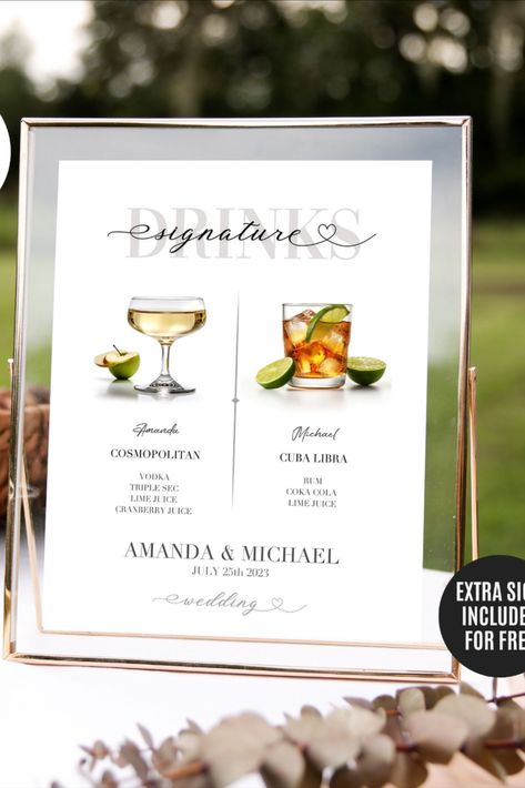 This editable Wedding Signature Drinks Menu includes a list with 230 popular cocktails with ingredients and measurements. It also includes 265 high resolution images that you can choose from, for you to have the freedom to create your personalized specialty cocktails! Signature Drinks Sign Template, Minimalist Wedding Bar Menu Poster, Signature Cocktails Template, His - Hers Bar Sign, Signature Drinks Sign, Modern Editable Canva Wedding Cocktail Menu Template + 230 Cocktail List and images. Cocktail List Wedding, Drink Wedding, Wedding Bar Menu Template, Signature Wedding Drinks Sign, Menu Poster, Specialty Cocktails, Drinks Sign, Signature Cocktail Sign, Wedding Signature Drinks