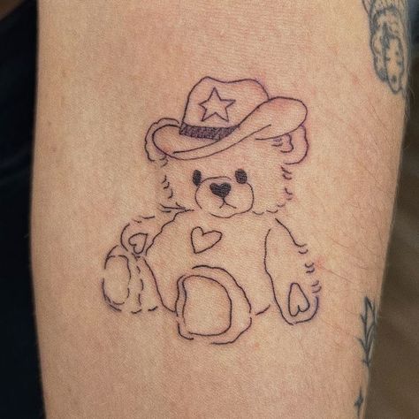 Teddy Bear Drawing Tattoo, Cowboy Teddy Bear Tattoo, Teddy Bear Tattoo Aesthetic, Bear Tattoo Aesthetic, Stuffed Animal Tattoo Simple, Bear Tattoos Cute, Sweethearts Tattoo, Childhood Stuffed Animal Tattoo, Tattoo Ideas Bear