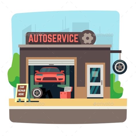 Car repair mechanic shop with automobile inside auto garage vector illustration. Auto service repair garage Car Repair Shop, Auto Garage, Mechanic Shop, Garage Repair, Shop Garage, Mechanic Garage, Car Repair Service, Auto Repair Shop, Car Repair