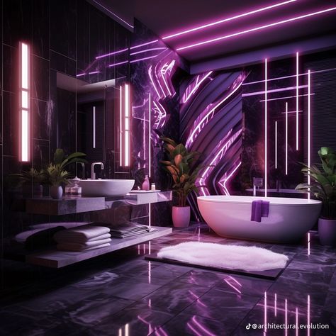 Cyberpunk Bathroom, Aesthetic Bath, New Home Essentials, Cool Room Designs, Purple Home, Mansion Interior, Luxury Lifestyle Dreams, Girls Bathroom, Dream Bathroom