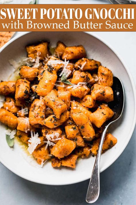 Sweet Potato Gnocchi Recipe, Autumn Pasta Recipes, Gnocchi Sauce, Brown Butter Sage Sauce, Sage Butter Sauce, Brown Butter Sauce, Gnocchi Recipe, Sweet Potato Gnocchi, Sage Butter