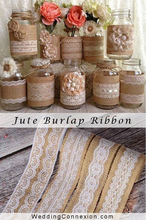 Diy Wedding Jar Decorations, Wedding Jar Ideas, Macrame Covered Jars, Wedding Diy Decor, Lace And Burlap Wedding Decorations, Decorating Jars, Jute Decor, Mason Jar With Burlap Ribbon, Mason Jars With Burlap And Lace