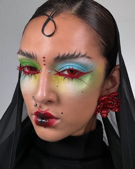 MAN REPELLENT MAKEUP (part 3) 😈 They hate to see a spiky brow coming 🤡 Using: @glisten_cosmetics cherry wet liner / orange red mascara @donidarkowitz x @blendbunnycosmetics palette @colourpopcosmetics fade into hue palette @kvdbeauty red liner @isamayabeauty lips lipstick in cardinal @depixym white paint Men Repellent Makeup, Man Repellent Makeup, Red Mascara, Fade Into Hue Palette, Fade Into Hue, Glisten Cosmetics, Alien Makeup, Man Repeller, Editorial Makeup